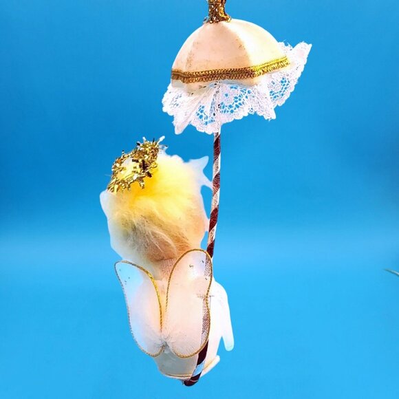 Pixie Angel Ornament Tulle Wings Parasol Lace Trim 1960s Japan Sleepy Eyes - Picture 5 of 9